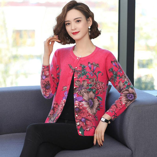 Autumn and Winter Printed Cardigan Women's Plus Size Casual Sweater Coat High-end Wool Sweater