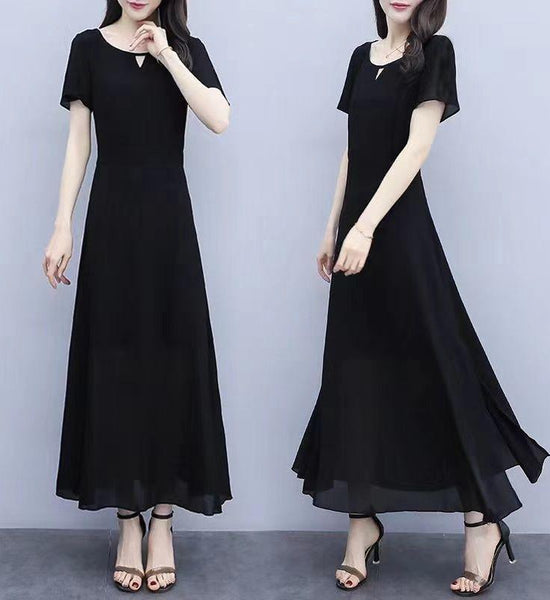 Plus Size Dress Women's Plus Size Long Skirts Cover Belly Reduce Age and Show Thinness Net Gauze Dress Round Neck Long Skirt A-line Version