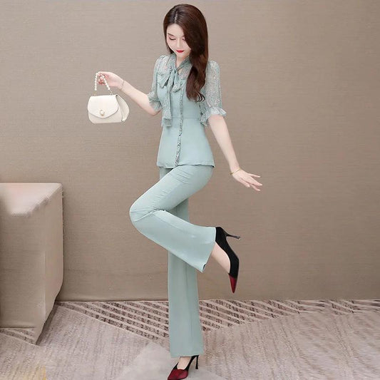 Women's Chiffon Set Slim Body Elegant Temperament Two-piece Drape Wide-leg Pants Lace Chiffon Short-sleeved Shirt Professional Suit