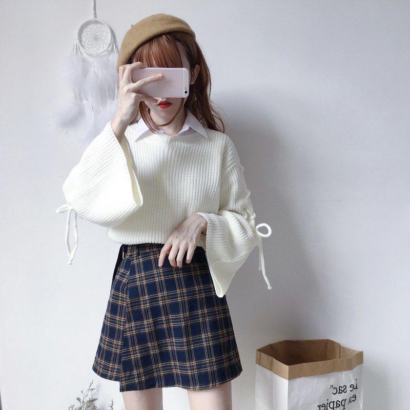 Autumn/winter Flared Sleeve Lace-up Top Bow Long-sleeved Sweater Fashion Casual Coat