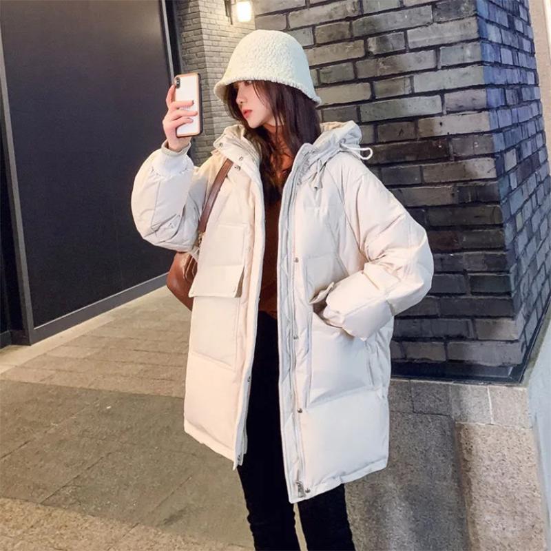 Women's Solid Color Mid-length Down Jacket Winter Korean Style Loose Plus Size Cotton Clothes Casual Hooded Padded Jacket Quilted Jacket