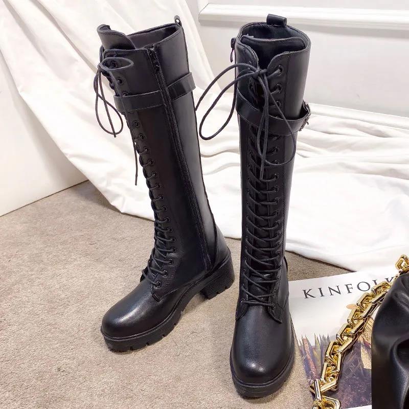 Long Boots Autumn and Winter Knight Boots Lace-up Riding Boots British Style But Knee Boots Women's High Heels Boots