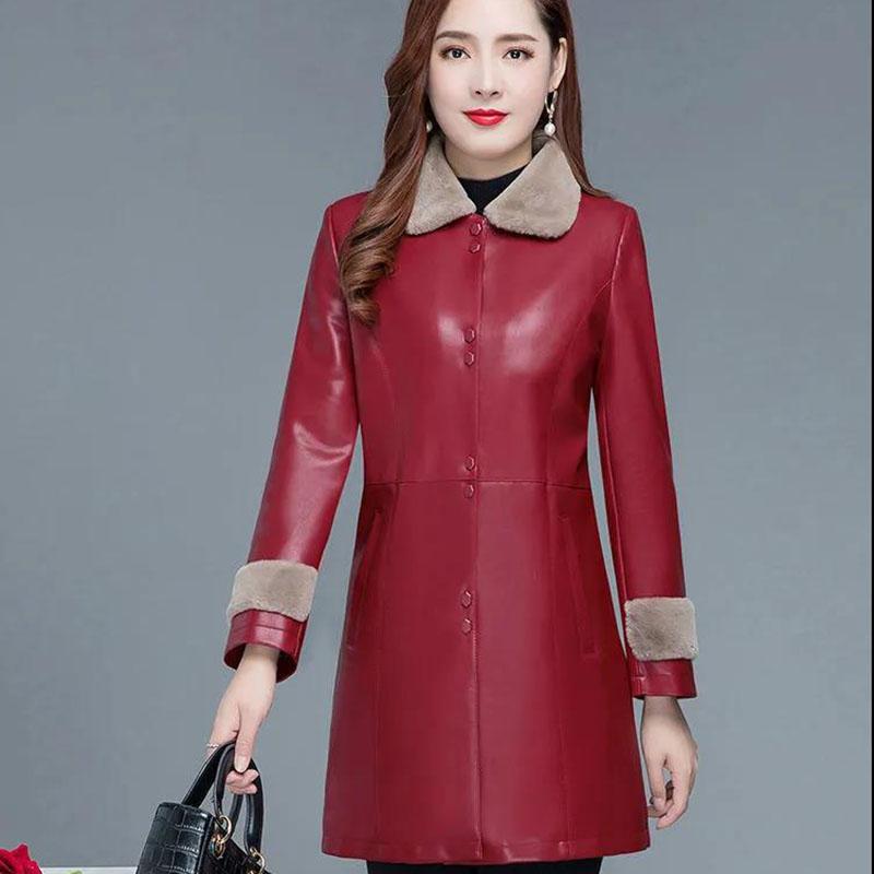 Winter Fashion Cool Leather Jacket Thick Velvet Leather Jacket Women's Mid-length Plus Velvet Thick Leather Coat Leather Jacket  Parka Coat