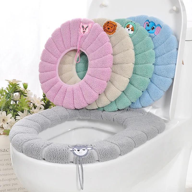 Winter Warm Toilet Seat Cover Closestool Mat 4Pcs Washable Bathroom Accessories Knitting Pure Color Soft O-shape Pad Bidet Cover