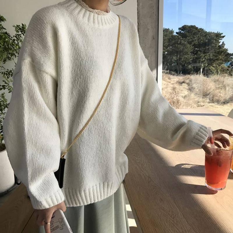 Pofulove Autumn Winter Lazy Pullover Round Neck Sweater Women Korean Loose Base Sweater Coat