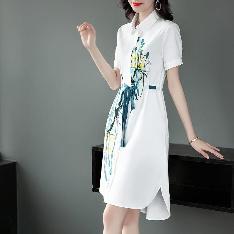 Elegant Temperament Shirt Dress Comfortable Women's Loose Dress with Printed Lapel