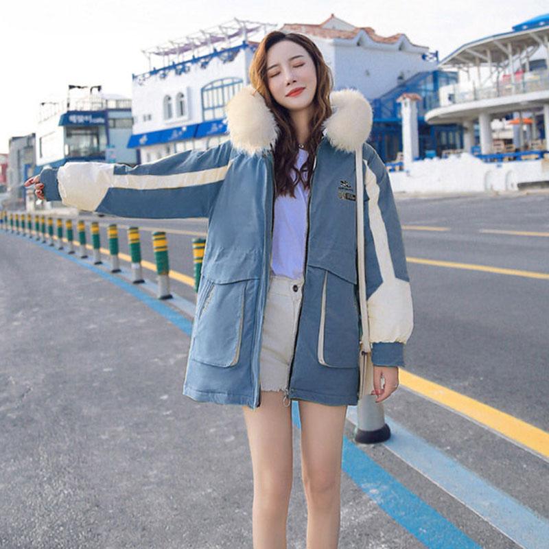 Winter Plus Velvet Padded Cotton Jacket Women's Mid-length Color Matching Korean Loose Waist Parkas Cotton Jacket