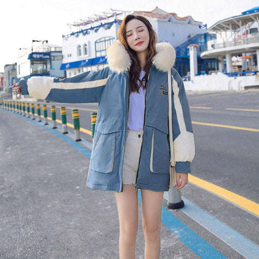 Winter Plus Velvet Padded Cotton Jacket Women's Mid-length Color Matching Korean Loose Waist Parkas Cotton Jacket