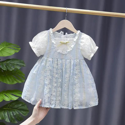 Girls Dress Summer Baby Lolita Puff Skirt Chiffon Puff Sleeve Summer Princess Dress Embroidered Sweet Blue Vintage French Dress