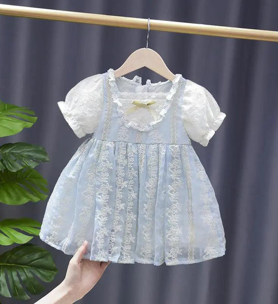 Girls Dress Summer Baby Lolita Puff Skirt Chiffon Puff Sleeve Summer Princess Dress Embroidered Sweet Blue Vintage French Dress