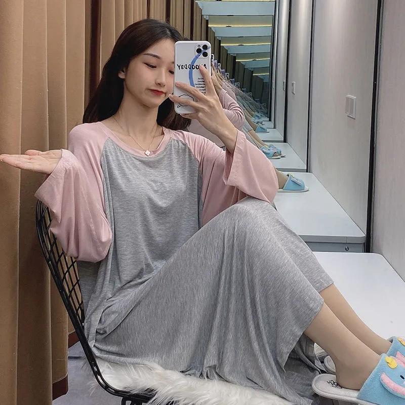 Women's Autumn Winter Long-sleeved Pajamas Dresses Long Simple Loose Nightdress Striped Stitching Out Wear Maternity Homewear