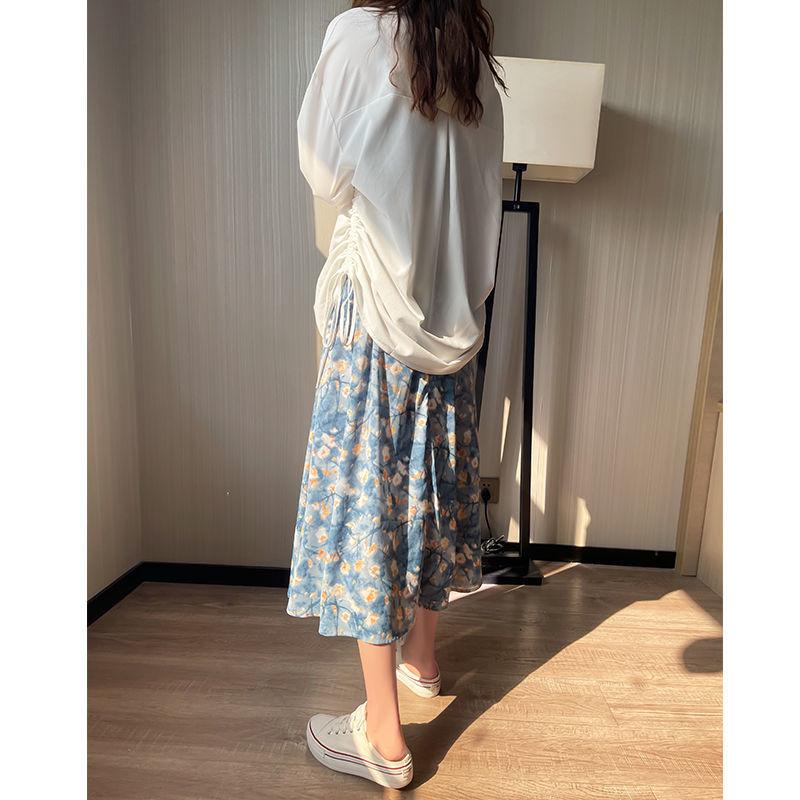 Female Oil Painting Flower Printing Vintage Skirt Elegant Slim High Elastic Waist Big Swing Holiday Skirt