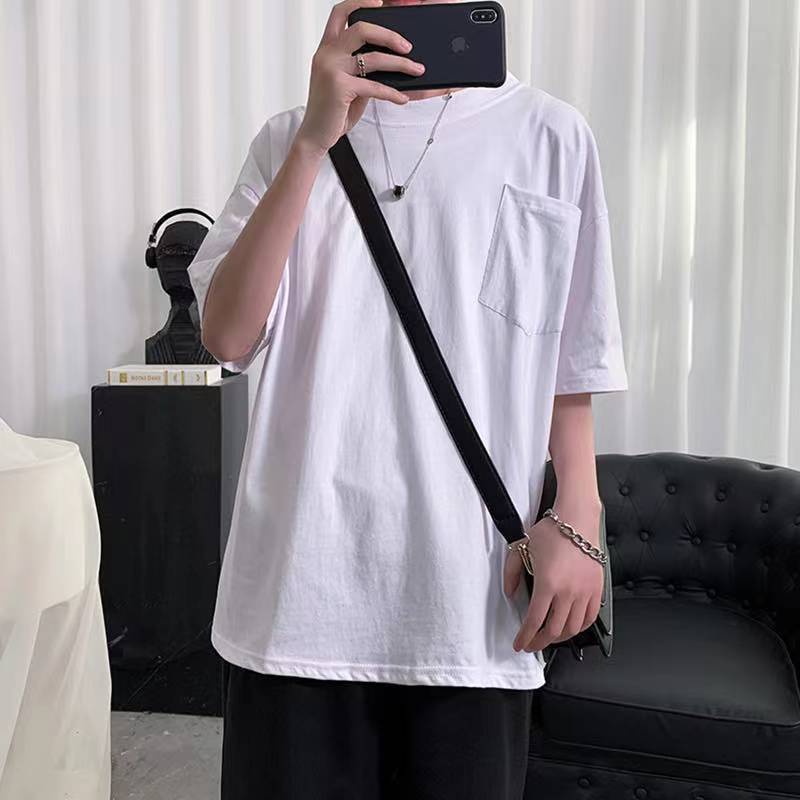 Pure Color Pocket Short-sleeved T-shirt Men's Wild Summer Plus Size Fat Round Neck Trend Five-point Sleeves