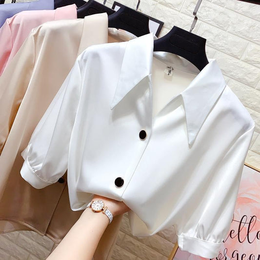 Thin Ladies Shirt Design Niche Sense of Spring and Summer Girly Mid-sleeve Chiffon Top Work Shirt Fabric Light and Breathable Elegant Temperament