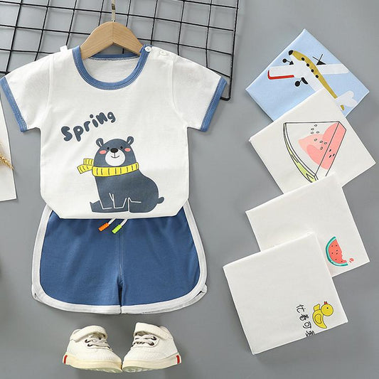 Children's Short Sleeve Suit Korean Style Printing Boys and Girls' T-shirt and Shorts Two Piece Set