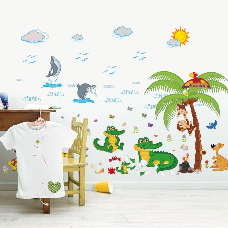 Cartoon Animal Beach Three Generations Removable Children's Room Bedroom Wall Stickers