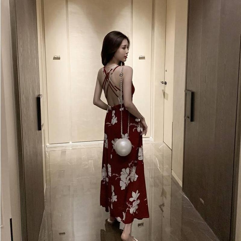 Summer Korean Mid-length Printed Halter Sexy Sling Dress Women's Holiday Big Swing Beach Dress