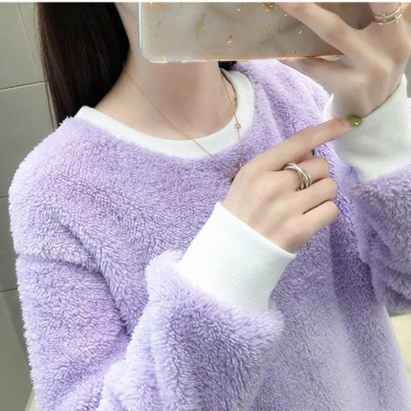 women's Winter Crew neck  yellow sweater warm long sleeve female velvet bottoming  loose Pullovers