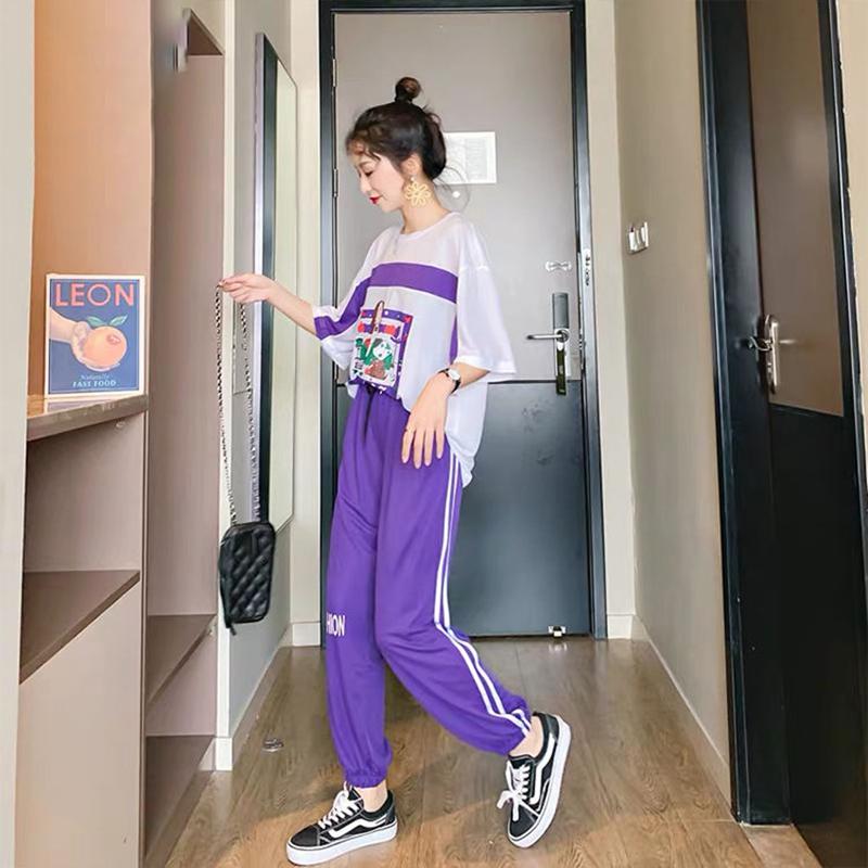 Summer Leisure Suit Women Loose Running Sportswear Two-piece Suit Round Neck T-shirt Short Sleeve + Loose Sports Pants Home Service Suit