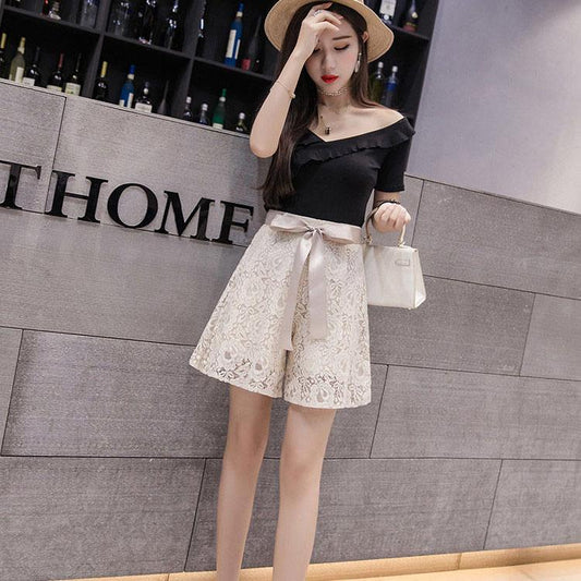 Women Summer Shorts Vintage Loose High Waist Wide Leg Lace Patchwork Shorts Elegant Solid Color Slim Thin Casual Versatile Shorts