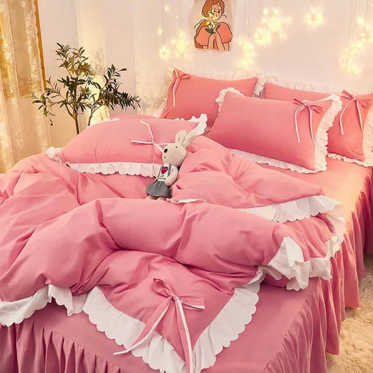 Korean Version of Solid Color Lace Bowknot Bed Skirt Four-piece Bedding Sanding Bed Linen Duvet Cover Double Bed