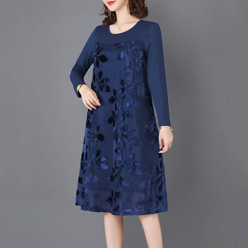 Women Solid Color Print Long Sleeve V-neck Dress Spring and Autumn Large Size Loose Knee-length Size L-XXXXXL