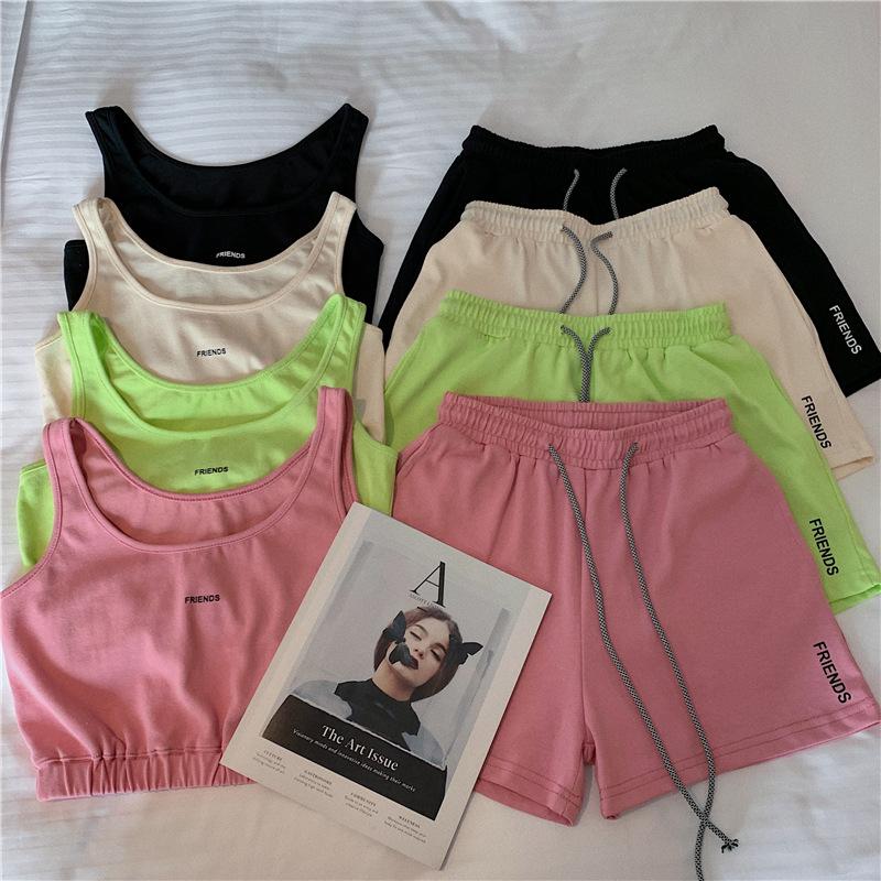 2PCS Summer Women's Sports Suit Vest T-shirt + Loose Drawstring Shorts Two-piece Set Fitness Running Jogging Suit Casual Workout Clothes Set