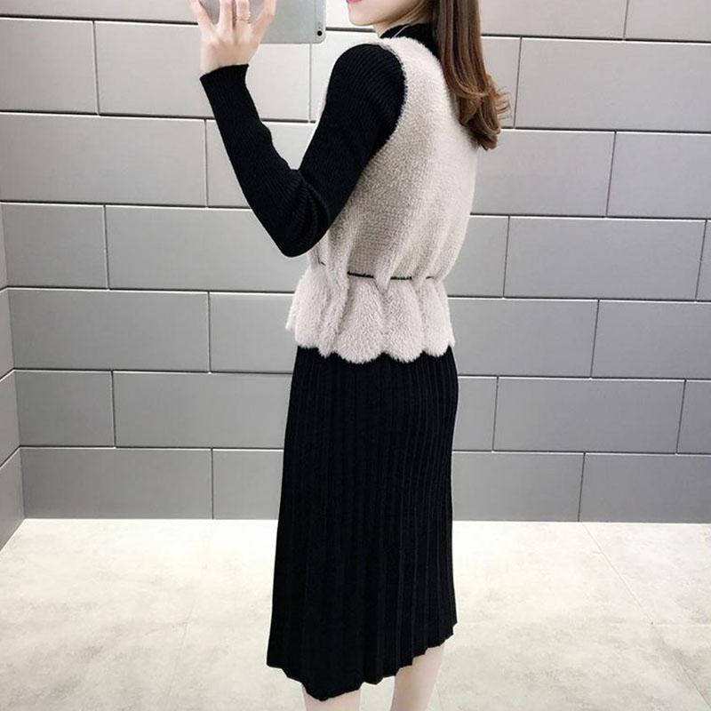 Women's Sweater Dress Set Autumn Waist Knit Mohair Vest and High Neck Slim Sweater Dress Two-piece Suit Ladies Outfits