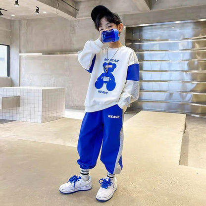 Boys Spring and Autumn Sports Two-piece Suit Stitching Contrast Color Design Pullover Sweater Sweatpants Comfortable Leisure Loose Children's Suit