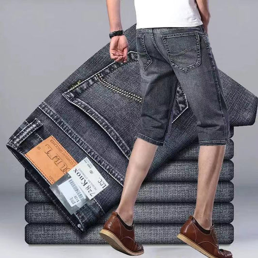 Summer Stretch Denim Shorts Men's Thin Loose Straight Five-point Pants Retro Jeans