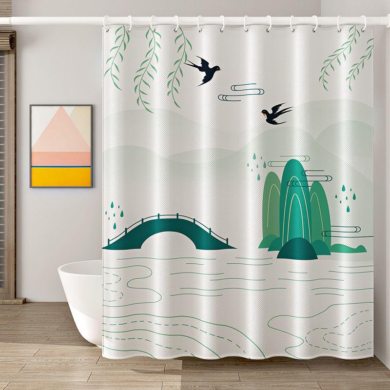 Bathroom Waterproof and Mildew-proof Chinese Shower Curtain Thickened Bathroom Shower Curtain Partition Curtain Door Curtain Free of Perforation