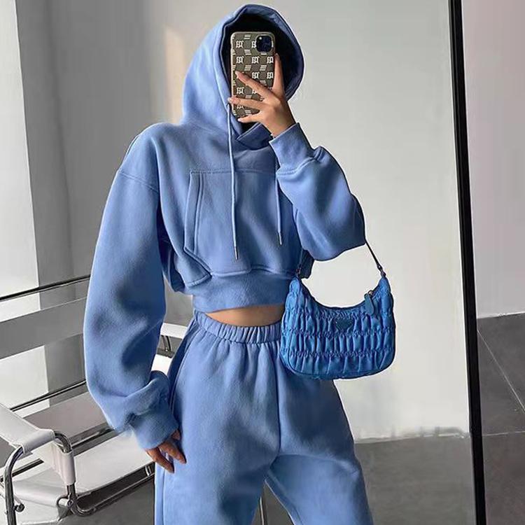 2PCS Tracksuits for Grils Hooded Short Pocket Fleece Sweater Korean Version High Waist Loose Leggings Sweatpants Suit Two-piece Set