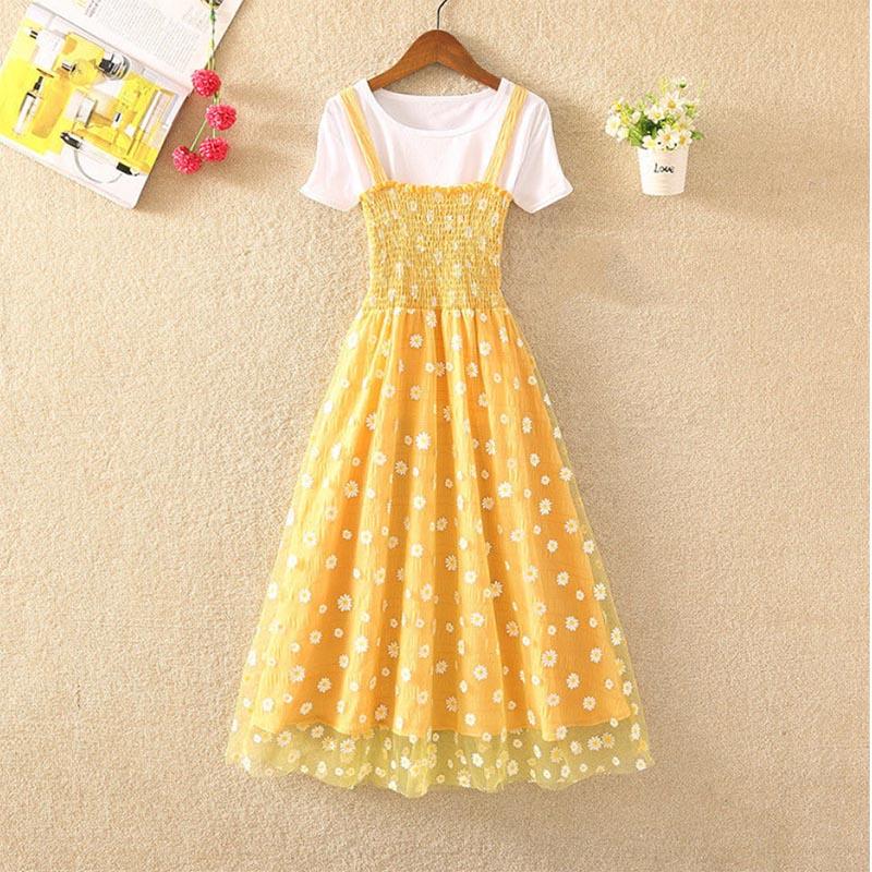 Small Daisy Dress Women's Slim Slim Fairy Temperament Sling Mesh Skirt Two-piece Set