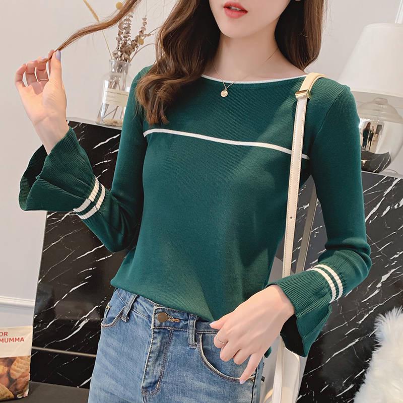 Autumn and Winter Women Sweater All-match Bell Sleeved Shirt Slim One-neck Female Pullover Jumpers