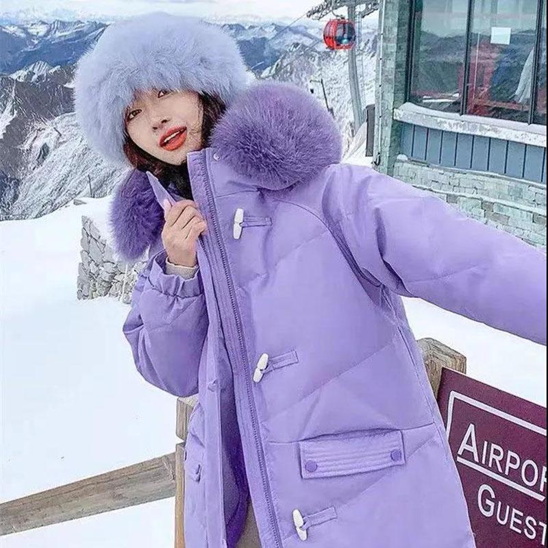 Ladies Down Jacket Winter Fashion Big Fur Collar Hooded Jacket Thick and Cotton Warm Mid-length Jacket