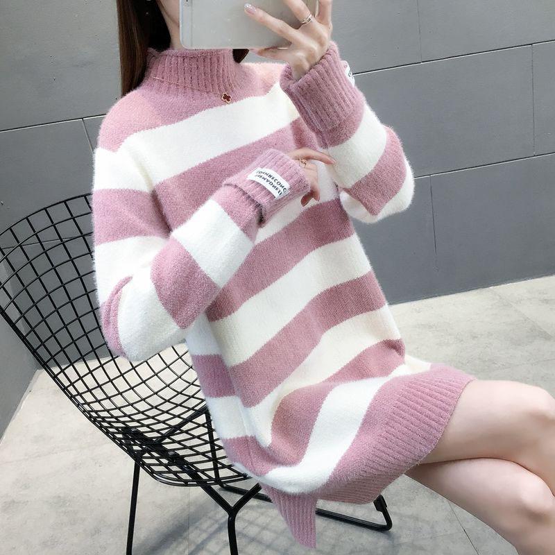 Autumn and Winter Mohair Sweater Skirt Mid-length Plus Velvet Thick Bottoming Shirt Loose Striped Women's Dress