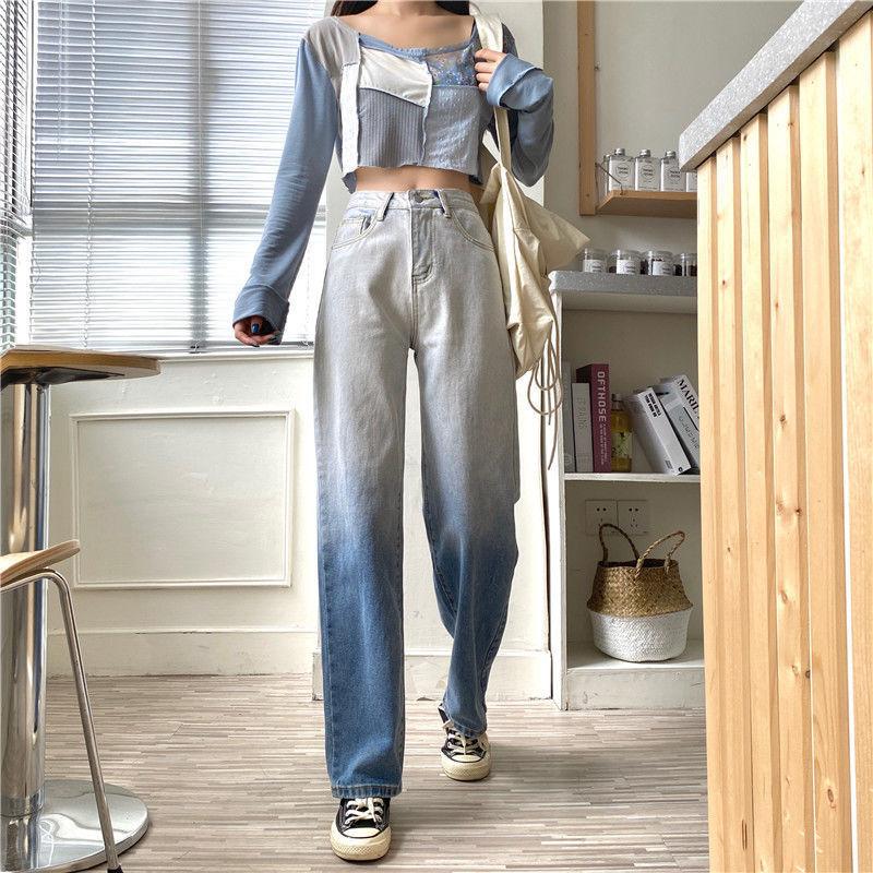 Autumn Design Sense Gradient High-waisted Jeans Women's Straight Loose Wide-leg Trousers Trend