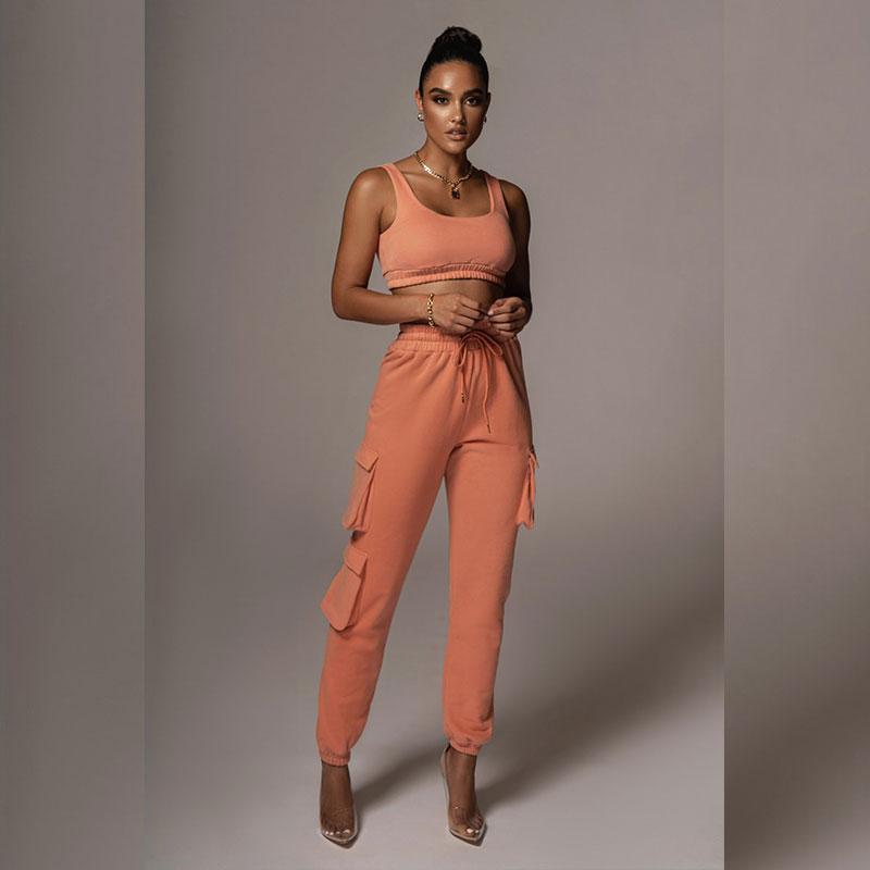 Women Solid Tracksuit Summer Cargo Pants and O-Neck Vest Two Piece Sets High Street Punk Style Sports Suits Pockets Cropped Pant