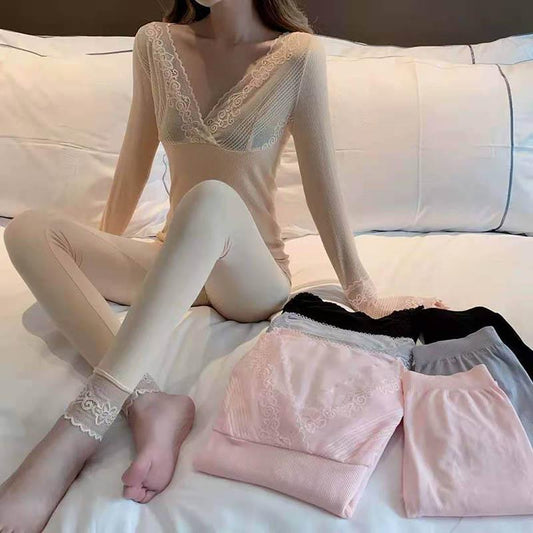 Fall Lace Goddess Thermal Underwear Slim Body Fall/Winter Base Pyjama Set