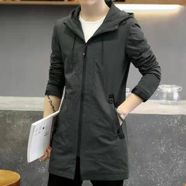 Spring Solid Color Hooded Jacket Long Slim Coat Youth Trend Windbreaker Casual Parka