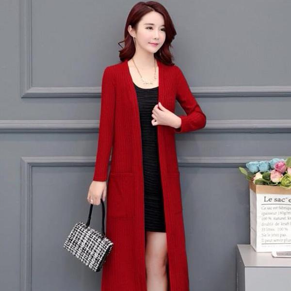 Women's Knit Cardigan Sweater Wild Medium Long Long Sleeve Trench Coat Outer Shawl Coat