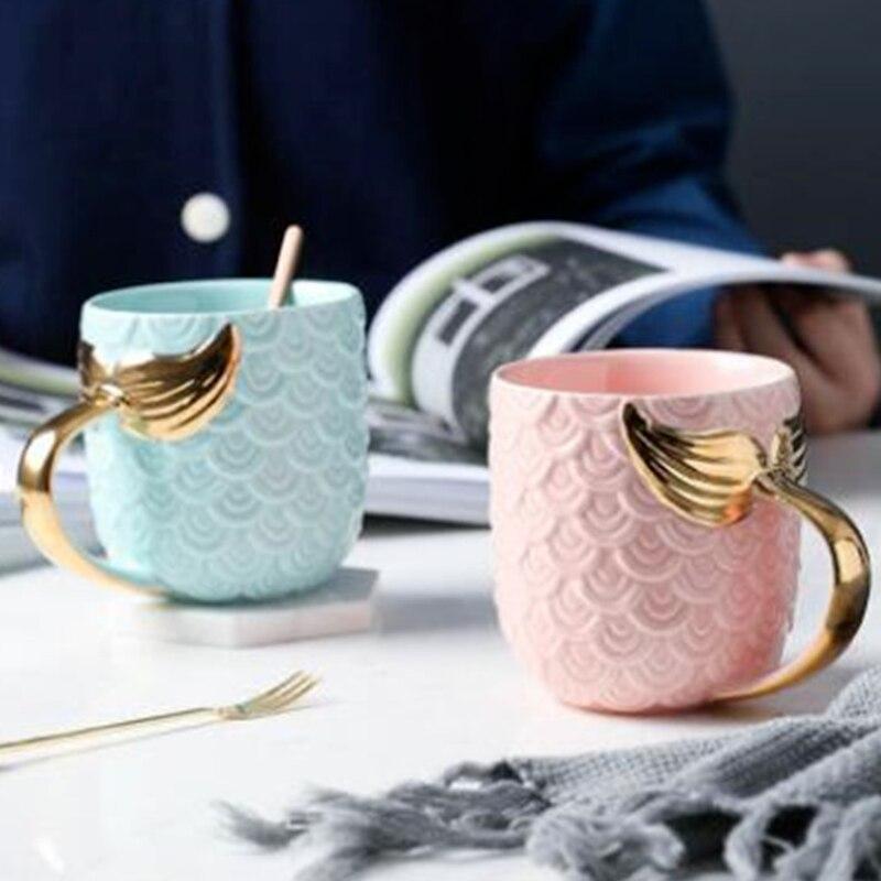 400ml Creative Ceramic Mermaid Tail Handle Cup Water Cup Continental Breakfast Cup Mug Novelty Couple CP Water Cup Goldfish Tail