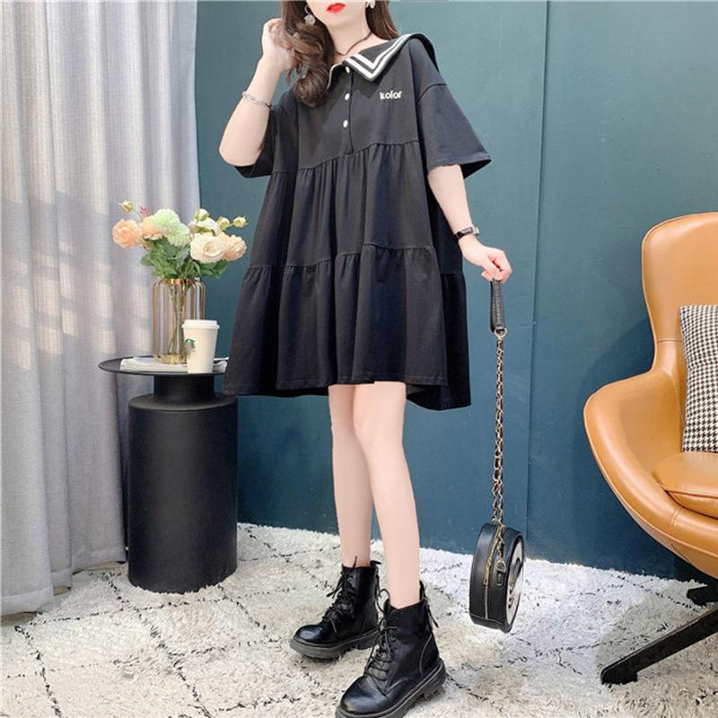 Women's Loose Summer Dress Round Neck Short-sleeved Large Skirt Dress Sailor Suit Dress Sweet and Cute Cotton Fabric Absorbent and Breathable