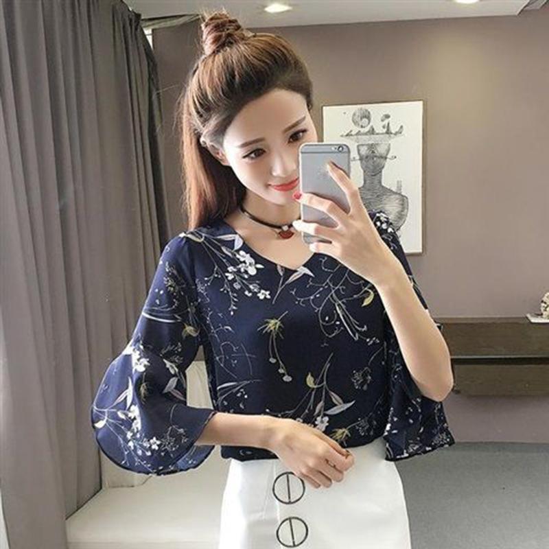 Spring and Summer Floral Chiffon Shirt Women's Shirt Short-sleeved Top Clothes Trumpet Sleeves Thinner Bottoming Shirt Fabric Light and Breathable