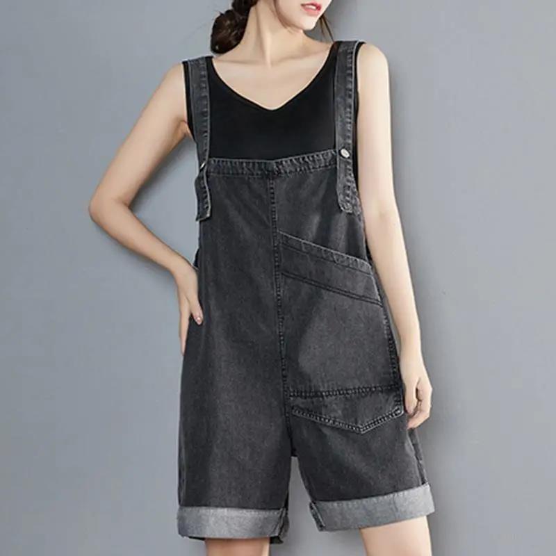 WTEMPO Big Pockets Summer Denim Jumpsuit Woman Jeans Romper Pants Sleeveless Adjusted Overalls Jeans Trousers