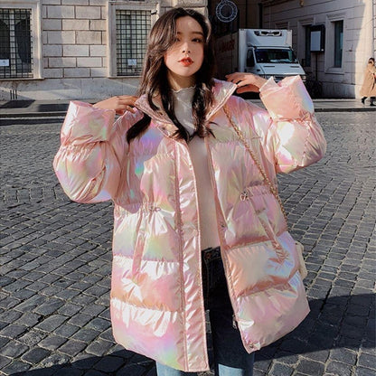 Bright Face Colorful Down Jacket Women White Duck Down Autumn and Winter Loose Mid-length Disposable Bread Jacket