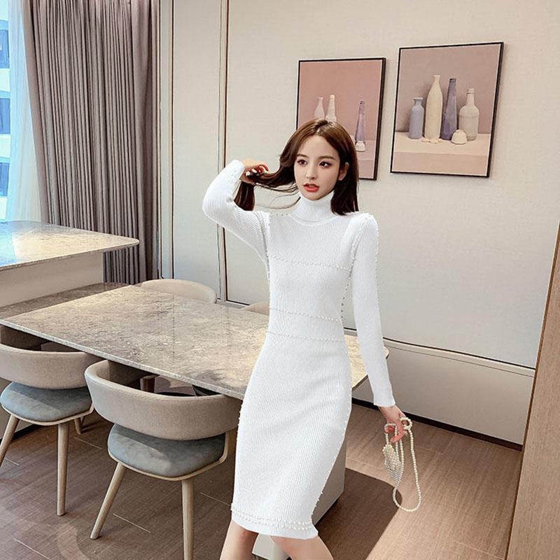 Autumn and Winter All-match Base Knitting Bead Decoration High-neck Slim-fit Hip Dress Temperament Long-sleeved Sweater Dress