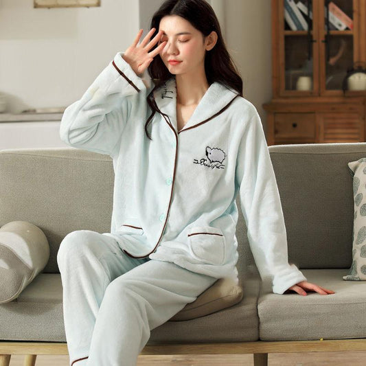 Pajamas Women's Flannel Thickened Plus Velvet Coral Fleece Warm Pajamas Suit Fabric Is Soft Breathable Non-balling and Non-fading