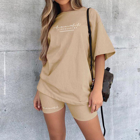 2PCS Summer Women's Sports Suit T-Shirt Letter Crew Neck Short Sleeve Top Shorts Casual Two Piece Suit Athletic Clothing Sets