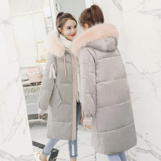 Women's Solid Color Down Jacket Mid-length Korean Loose Thick Coat Warm Cotton Coat Big Fur Collar Winter Clothes Quilted Coat